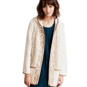 Boho Embroidered Faux Fur Hooded Jacket Coat Cream Ivory XS Small
